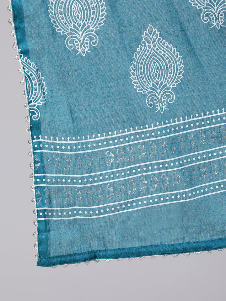 Plus Size Blue Printed Straight Kurta With Palazo &amp; Dupatta