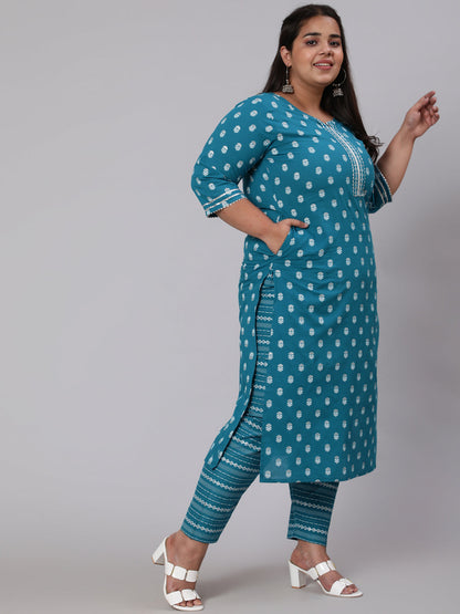 Plus Size Blue Printed Straight Kurta With Palazo & Dupatta