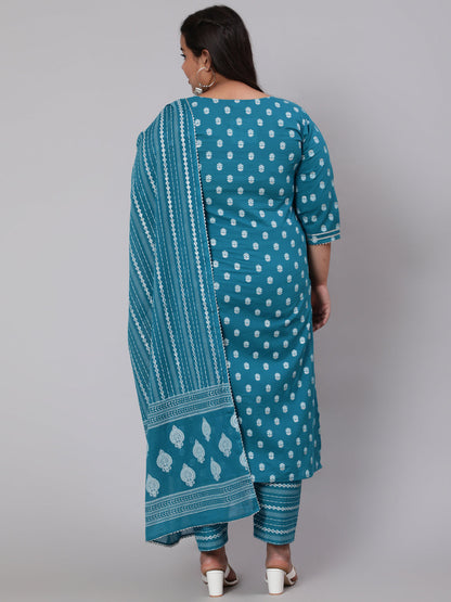 Plus Size Blue Printed Straight Kurta With Palazo & Dupatta