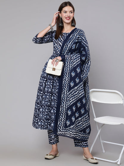 Navy Blue Printed Flared Karta With Trouser And Dupatta