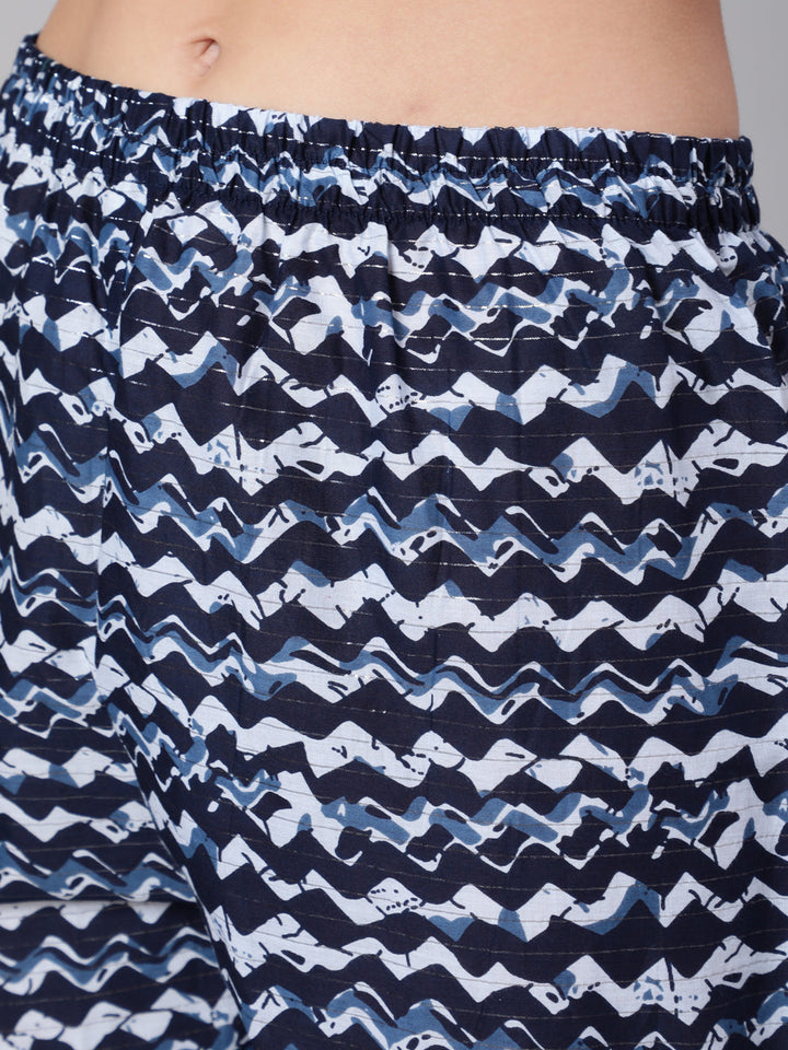 Navy Blue Printed Flared Karta With Trouser And Dupatta