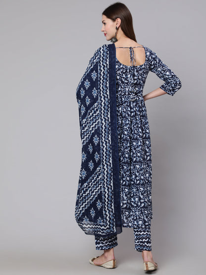 Navy Blue Printed Flared Karta With Trouser And Dupatta