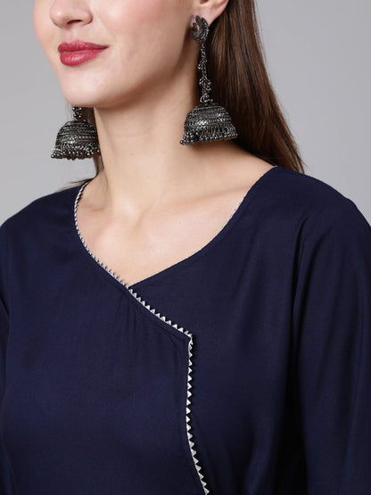Navy Blue Solid Flared Kurta With Trouser And Dupatta