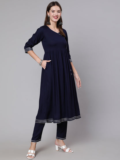 Navy Blue Solid Flared Kurta With Trouser And Dupatta