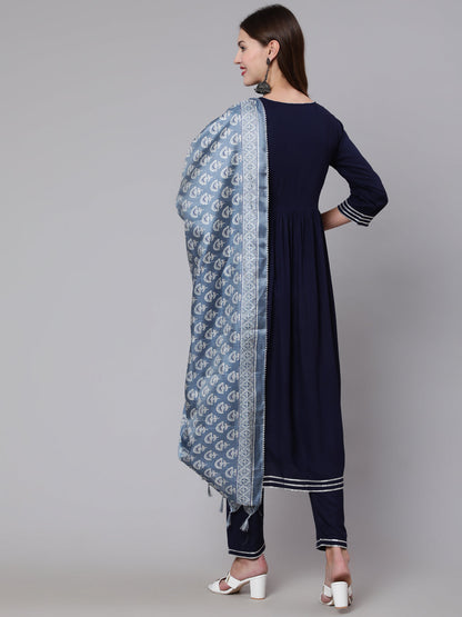Navy Blue Solid Flared Kurta With Trouser And Dupatta