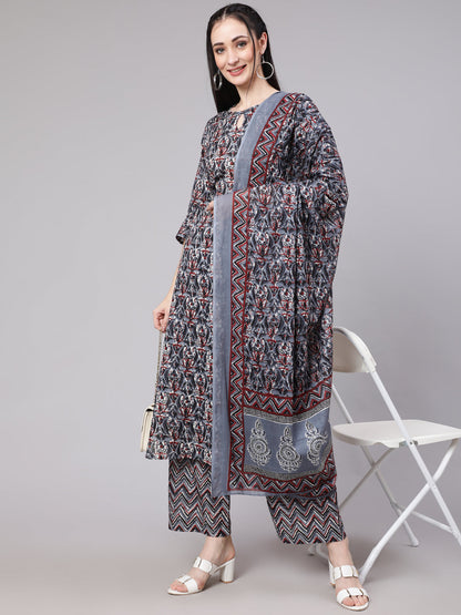 Multi Ethnic Printed Kurta With Palazzo And Dupatta
