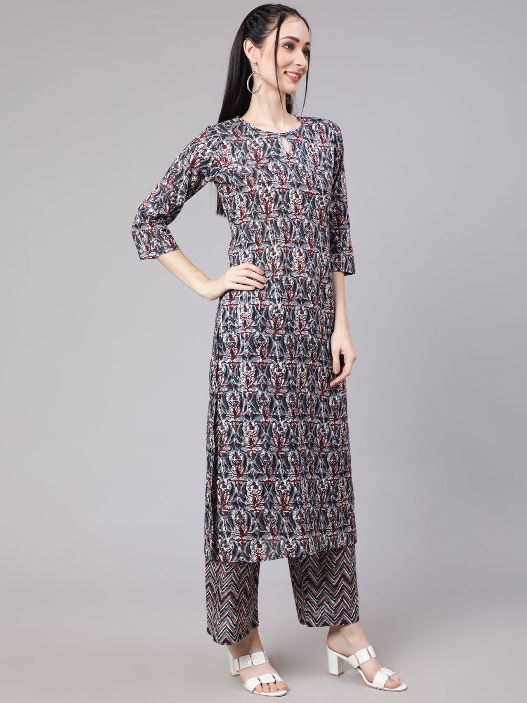 Multi Ethnic Printed Kurta With Palazzo And Dupatta