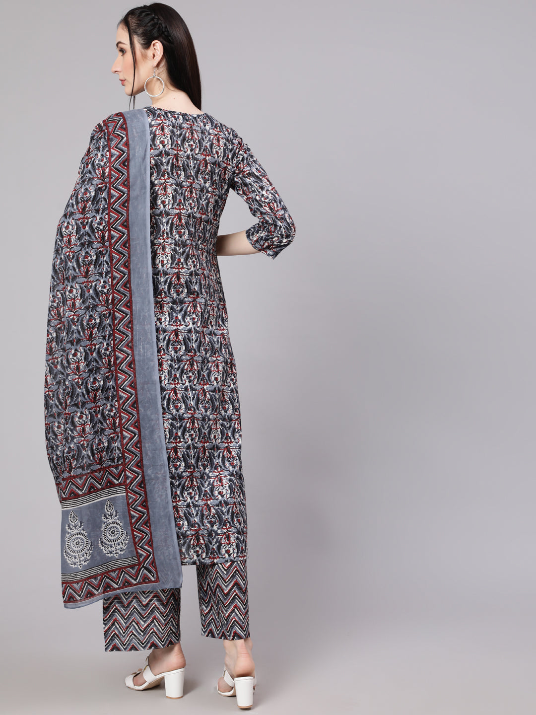 Multi Ethnic Printed Kurta With Palazzo And Dupatta