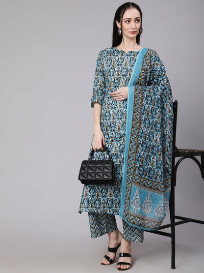 Multi Ethnic Printed Kurta With Palazzo And Dupatta