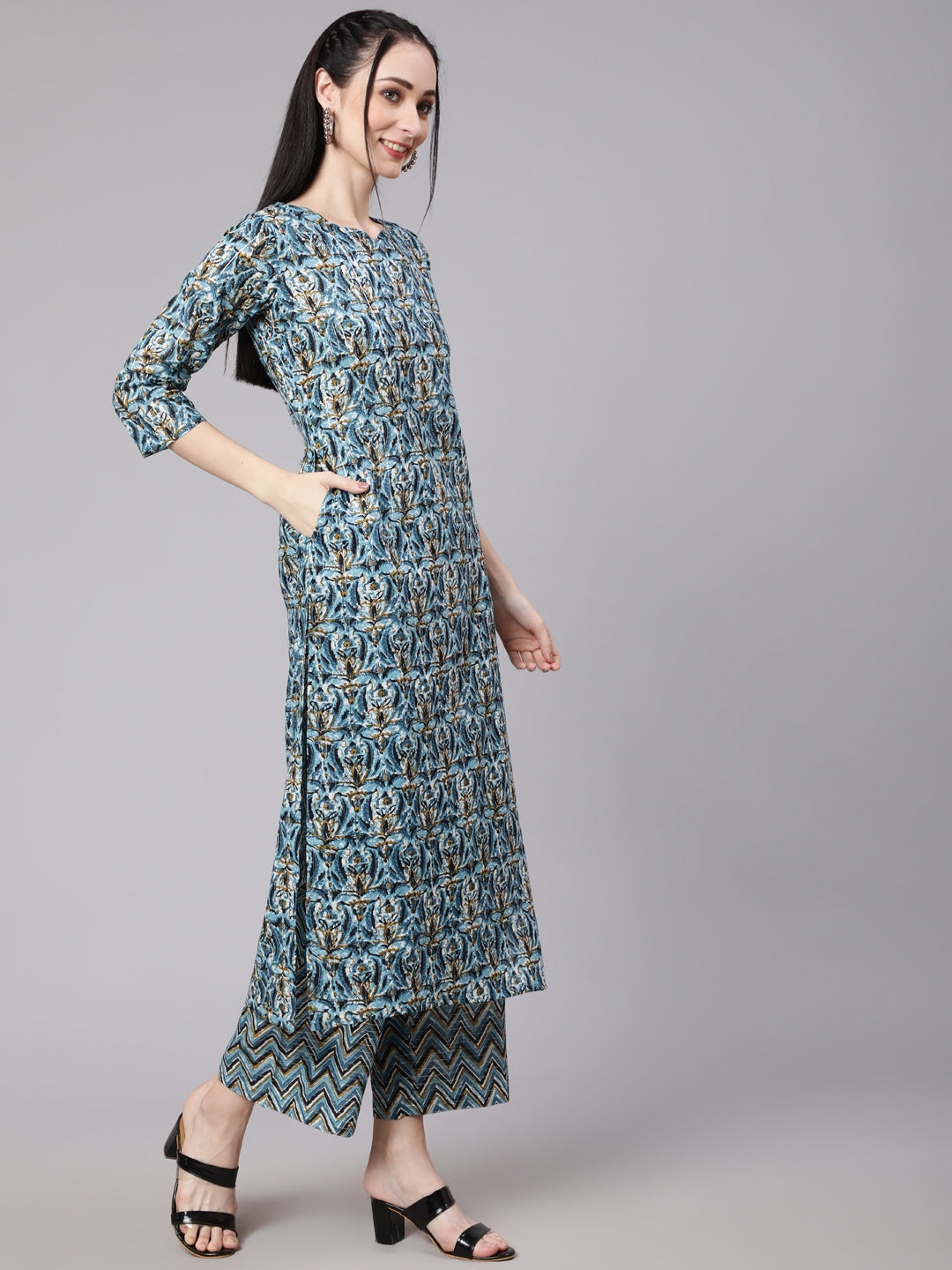 Multi Ethnic Printed Kurta With Palazzo And Dupatta