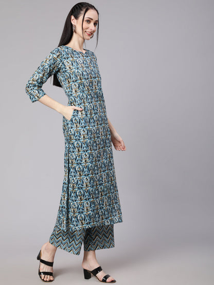 Multi Ethnic Printed Kurta With Palazzo And Dupatta