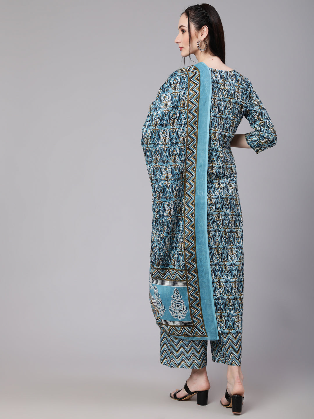 Multi Ethnic Printed Kurta With Palazzo And Dupatta