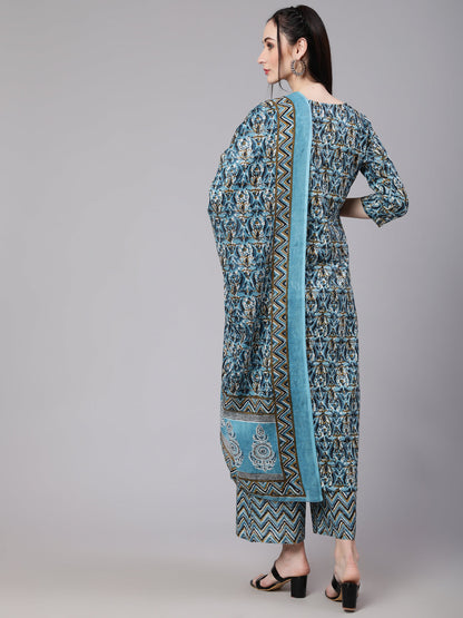 Multi Ethnic Printed Kurta With Palazzo And Dupatta