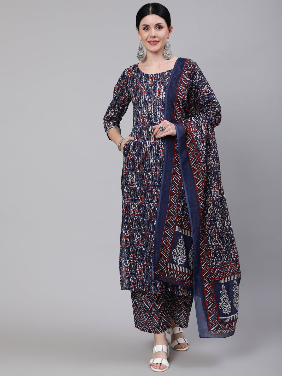 Multi Printed Straight Kurta With Palazzo & Dupatta
