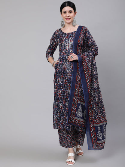 Multi Printed Straight Kurta With Palazzo & Dupatta