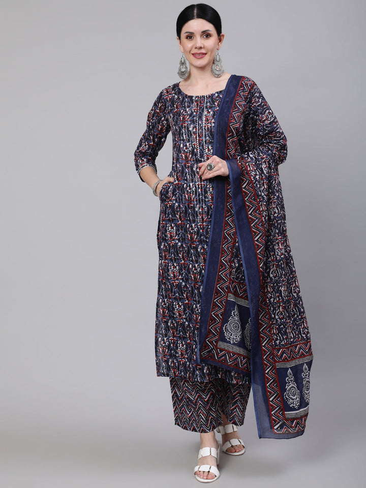 Multi Printed Straight Kurta With Palazzo &amp; Dupatta
