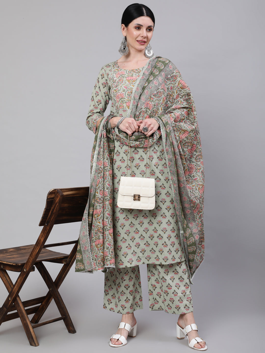Green Printed Straight Kurta With Palazzo & Dupatta