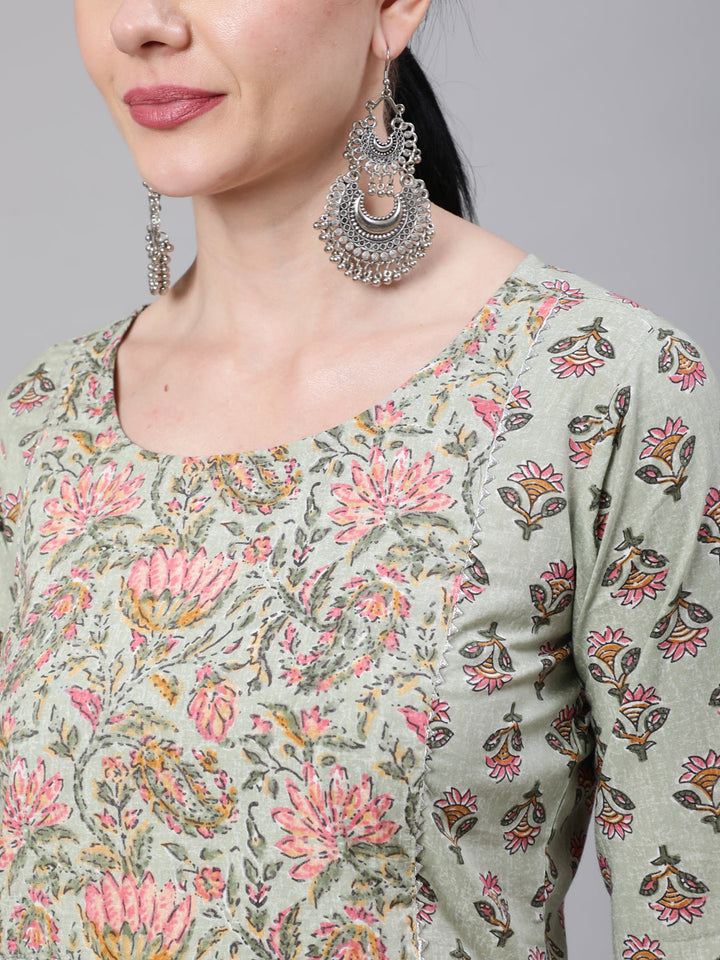 Green Printed Straight Kurta With Palazzo &amp; Dupatta