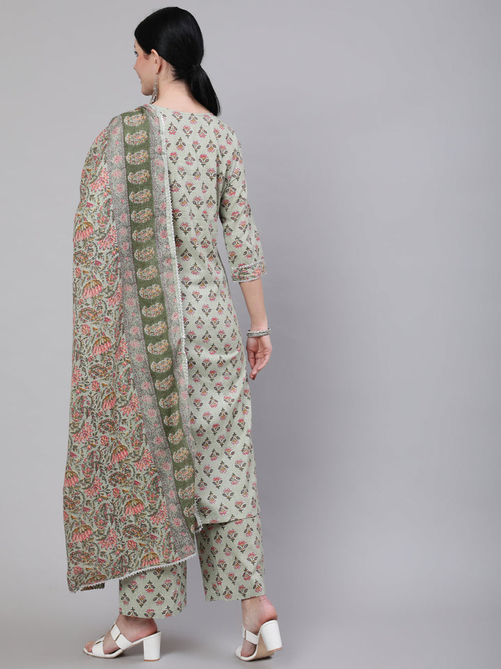Green Printed Straight Kurta With Palazzo &amp; Dupatta