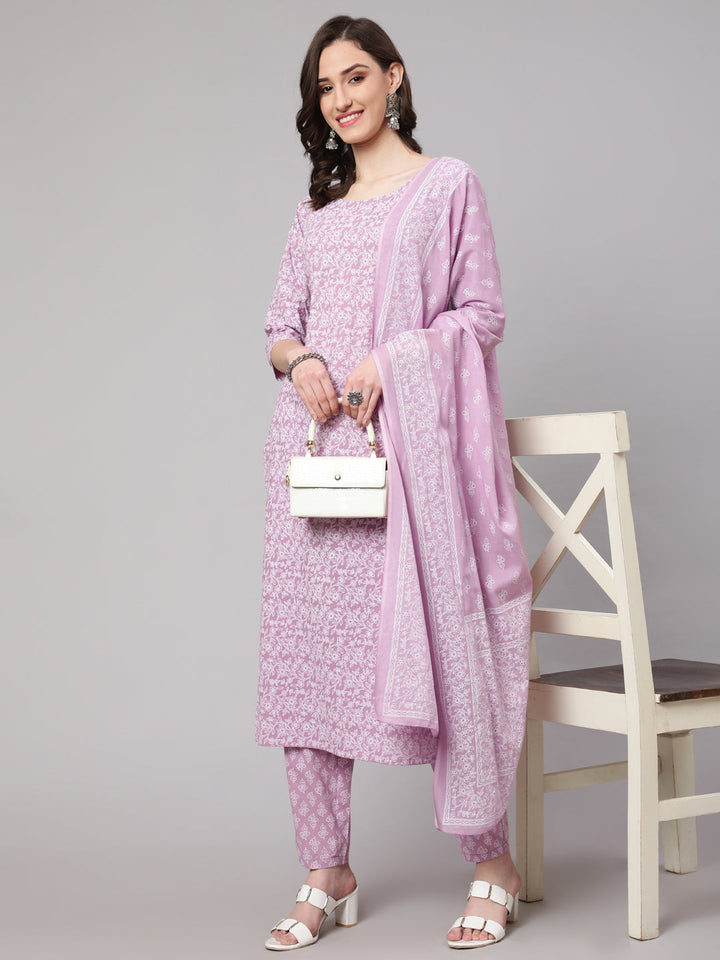 Levender Printed Straight Kurta With Palazzo &amp; Dupatta