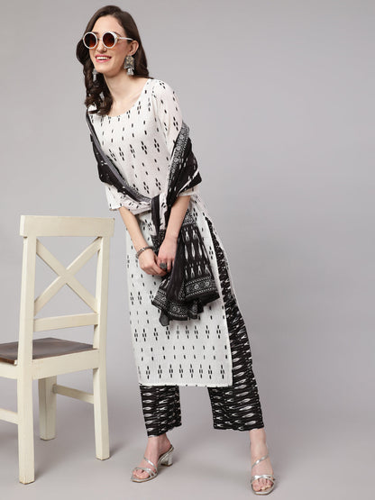 Off White Printed Straight Kurta With Palazzo & Dupatta