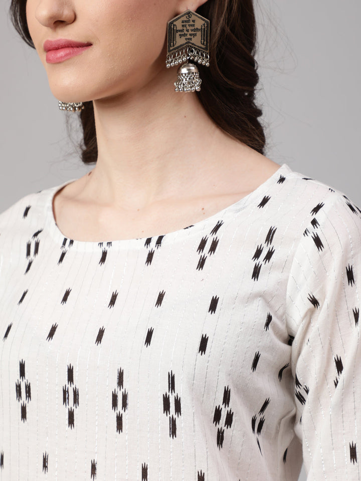 Off White Printed Straight Kurta With Palazzo &amp; Dupatta