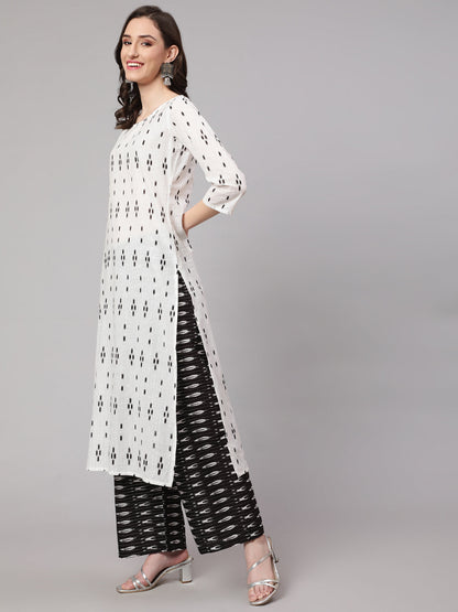 Off White Printed Straight Kurta With Palazzo & Dupatta