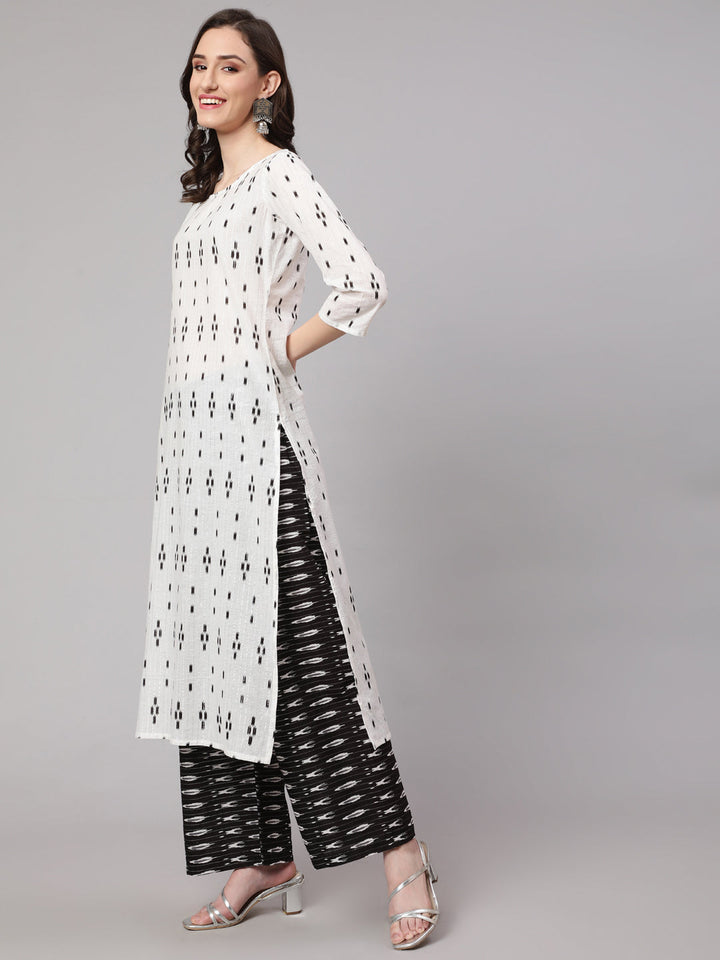 Off White Printed Straight Kurta With Palazzo &amp; Dupatta