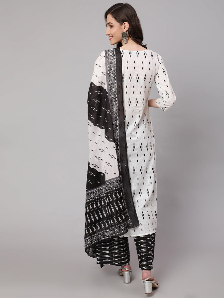 Off White Printed Straight Kurta With Palazzo &amp; Dupatta