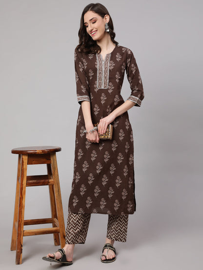 Brown Floral Printed Straight Kurta With Palazzo