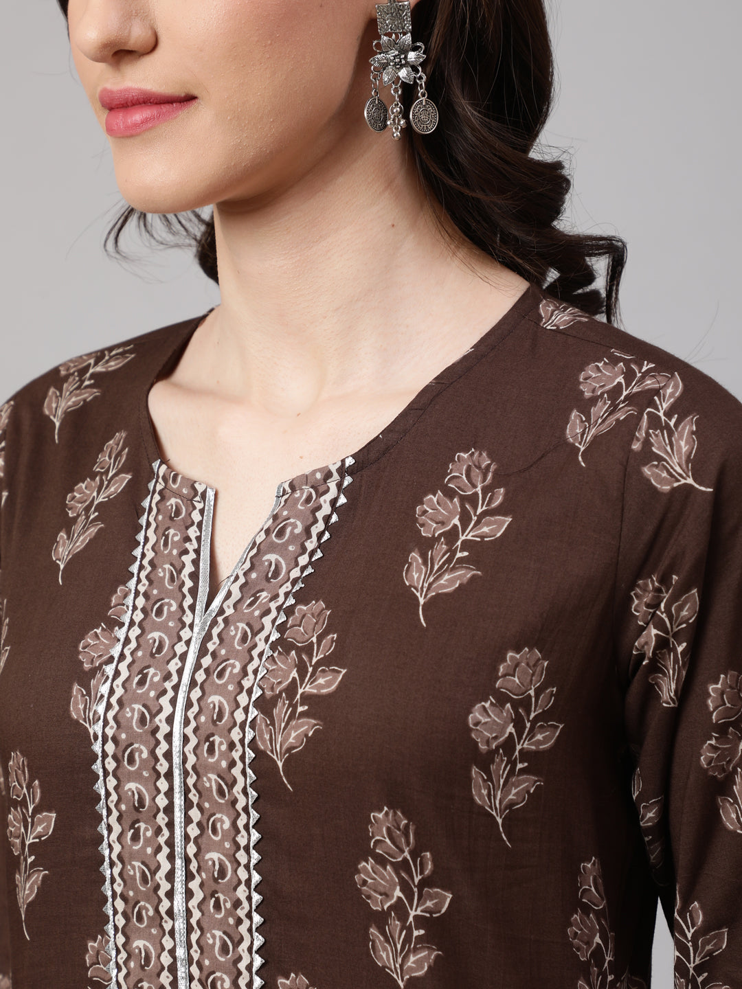 Brown Floral Printed Straight Kurta With Palazzo