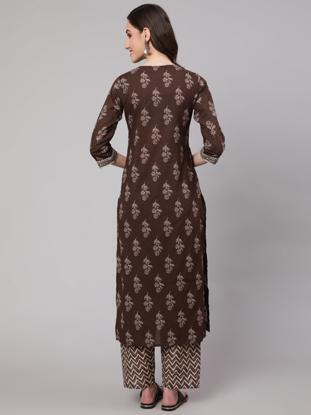 Brown Floral Printed Straight Kurta With Palazzo