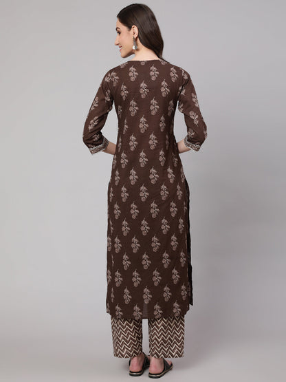 Brown Floral Printed Straight Kurta With Palazzo