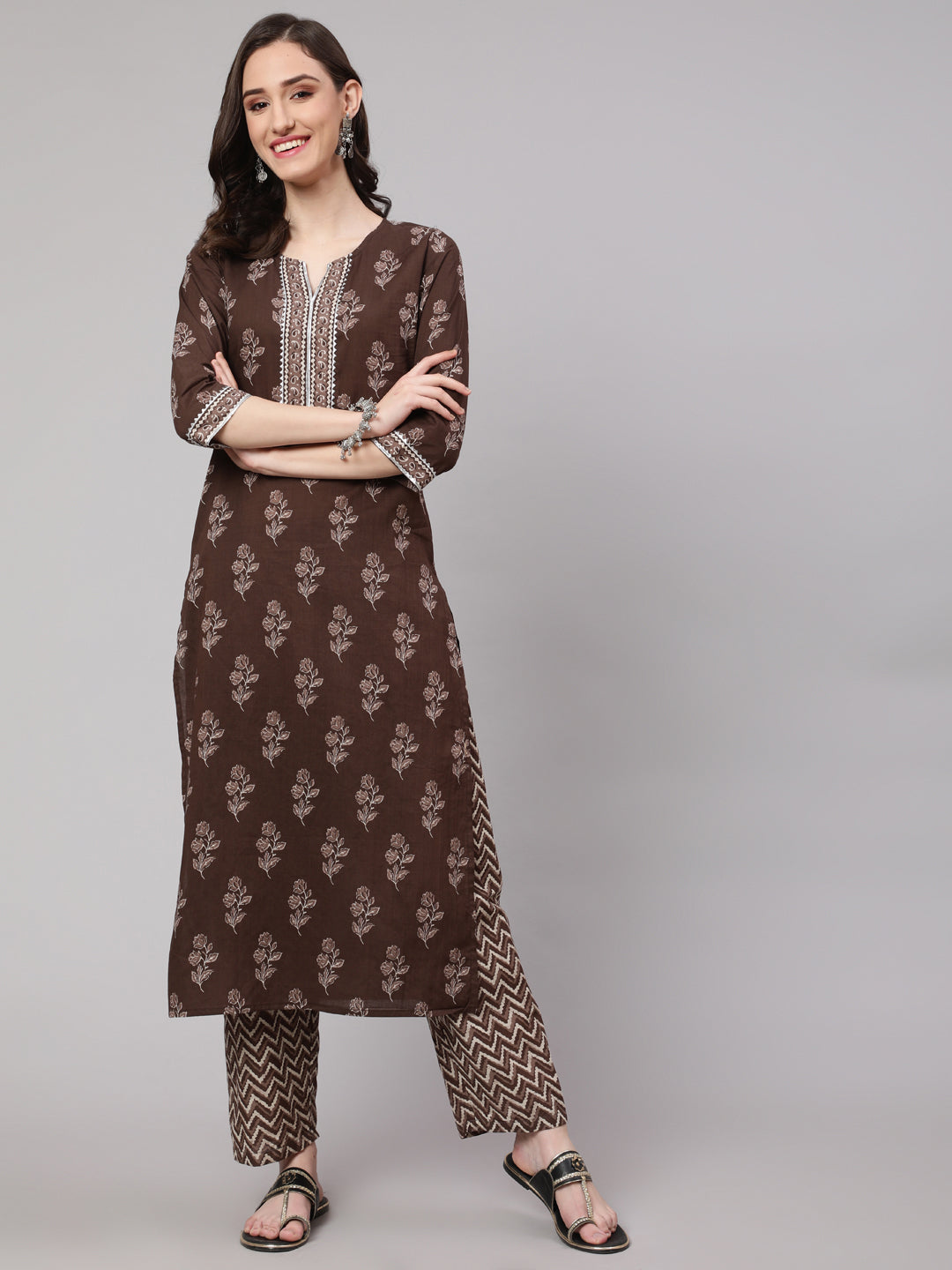 Brown Floral Printed Straight Kurta With Palazzo