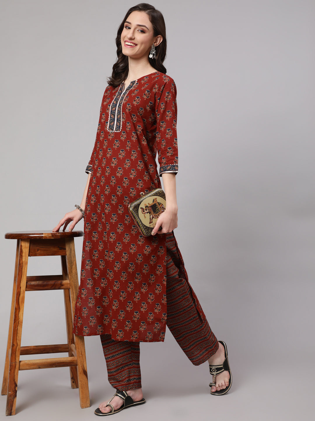 Maroon Ethnic Printed Straight Kurta With Palazzo