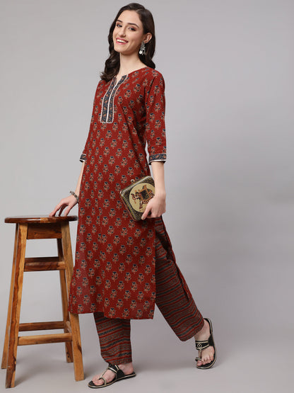 Maroon Ethnic Printed Straight Kurta With Palazzo