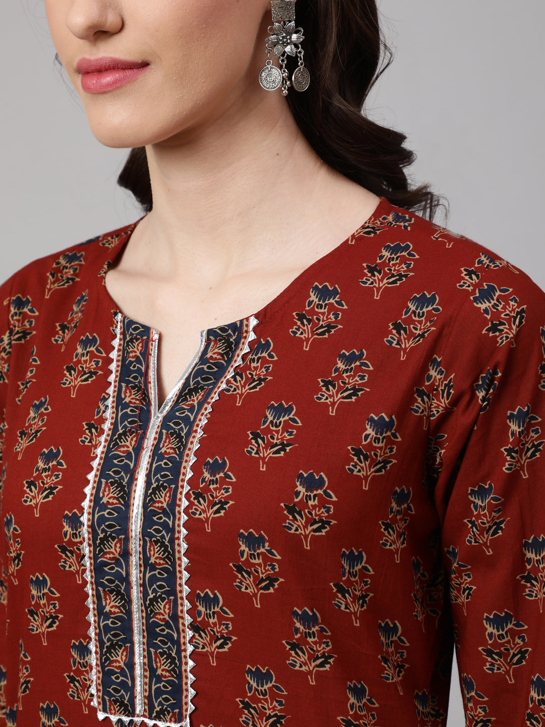Maroon Ethnic Printed Straight Kurta With Palazzo