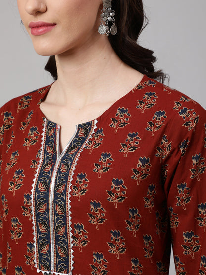 Maroon Ethnic Printed Straight Kurta With Palazzo