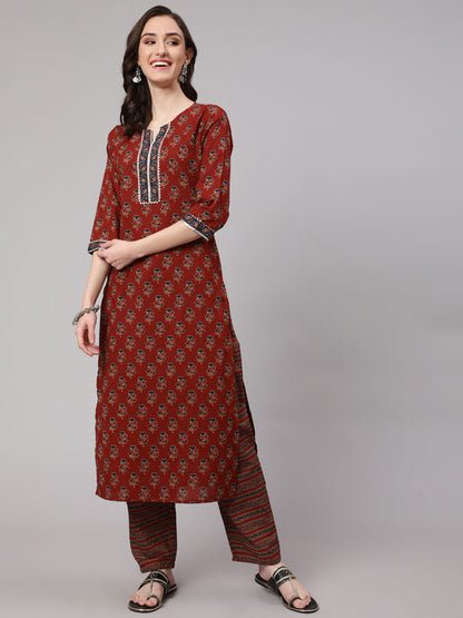 Maroon Ethnic Printed Straight Kurta With Palazzo