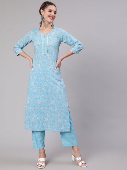 Blue Printed Straight Kurta And Trouser