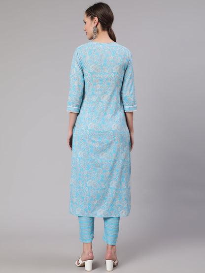 Blue Printed Straight Kurta And Trouser