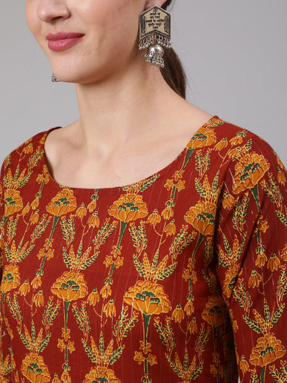 Maroon Floral Printed Straight Kurta And Palazzo