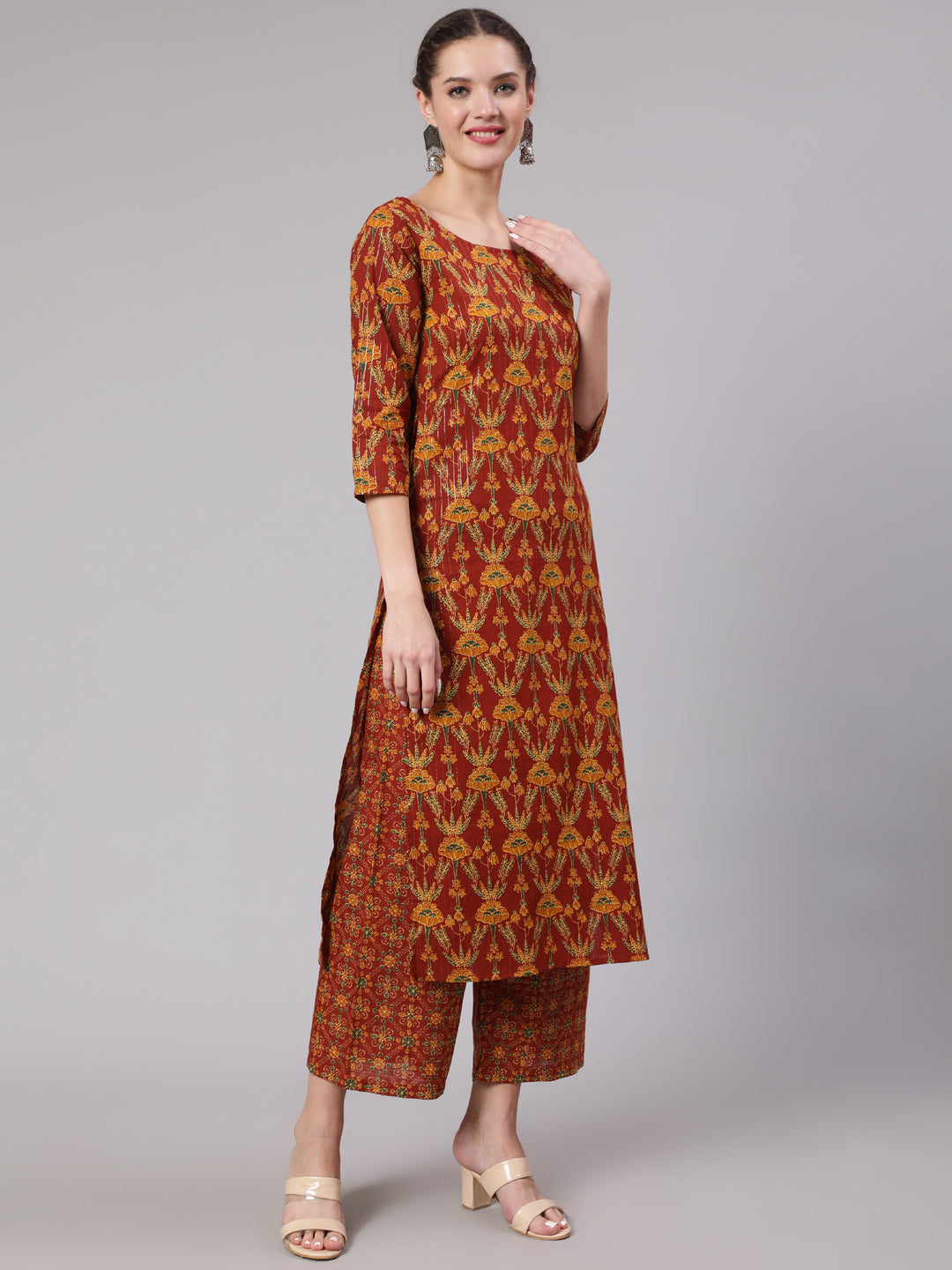Maroon Floral Printed Straight Kurta And Palazzo