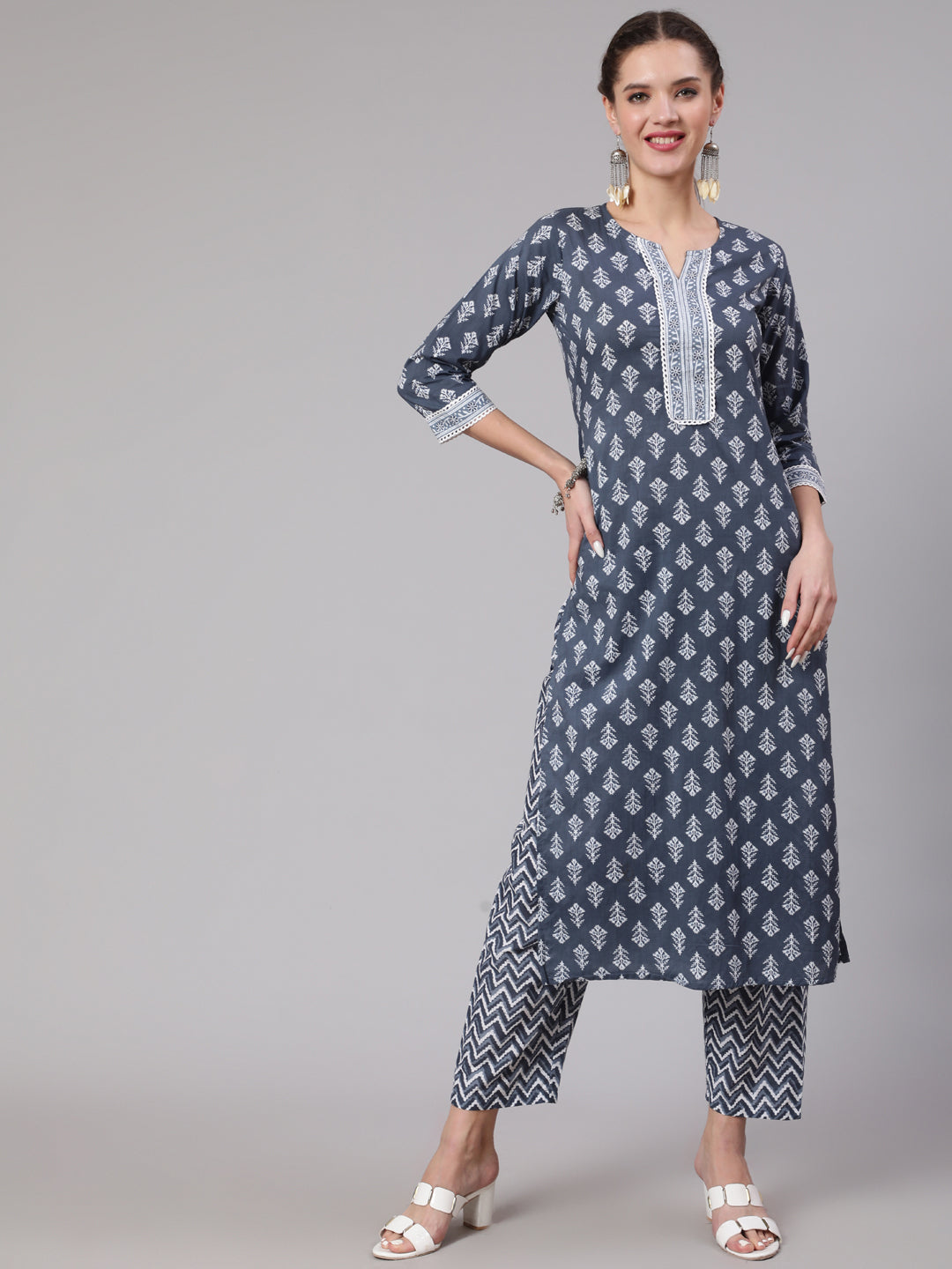 Grey Printed Straight Kurta And Palazzo