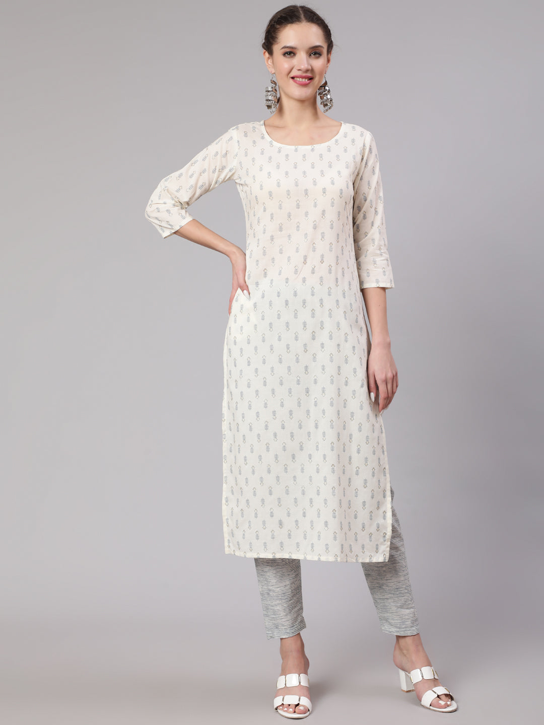Off White Printed Straight Kurta With Trouser