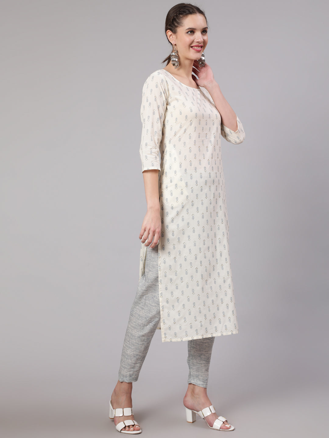 Off White Printed Straight Kurta With Trouser