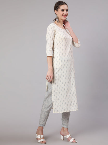 Off White Printed Straight Kurta With Trouser