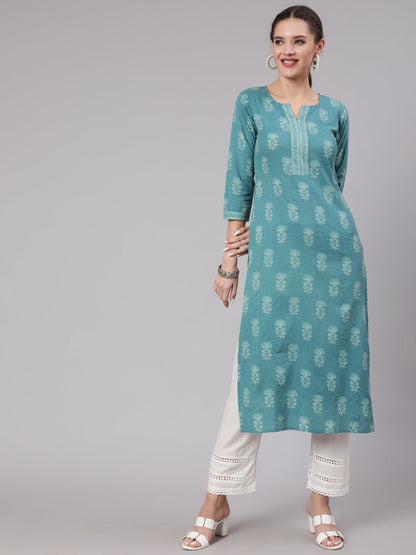 Sea Green Printed Straight Kurta With White Solid Trouser