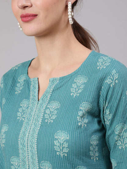 Sea Green Printed Straight Kurta With White Solid Trouser
