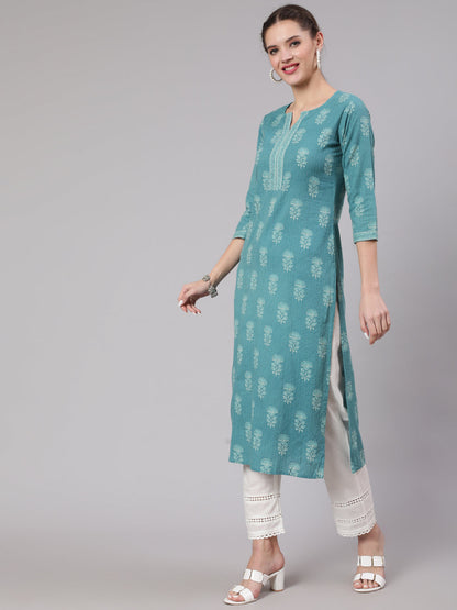 Sea Green Printed Straight Kurta With White Solid Trouser